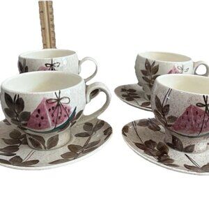 Vintage Red Wing Pottery TAMPICO Handpainted Cup & Saucer - Set of 4